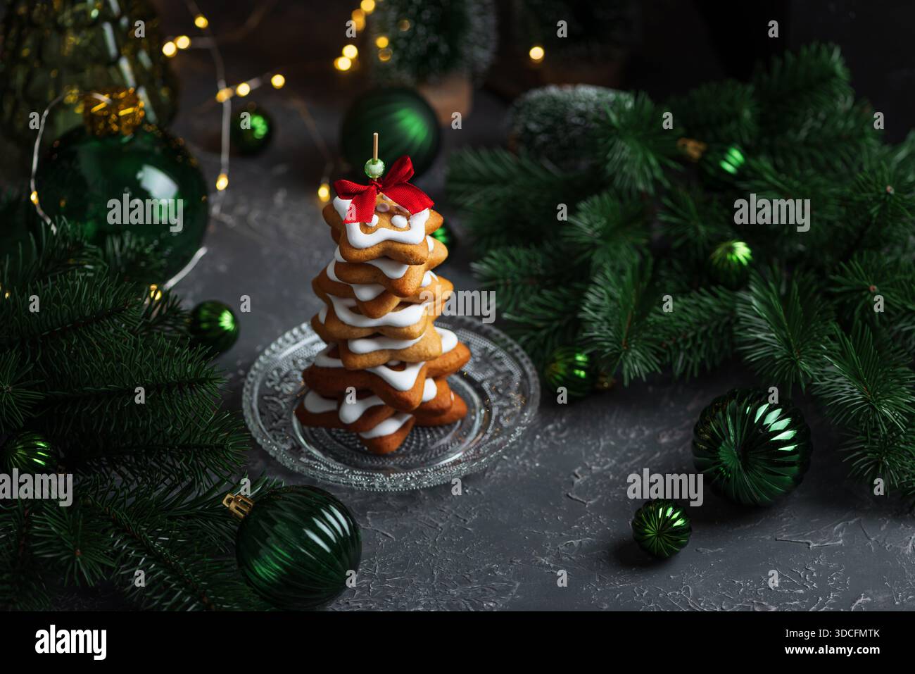 Christmas Tree Cookie Stack with Icing and Ornaments Stock Photo