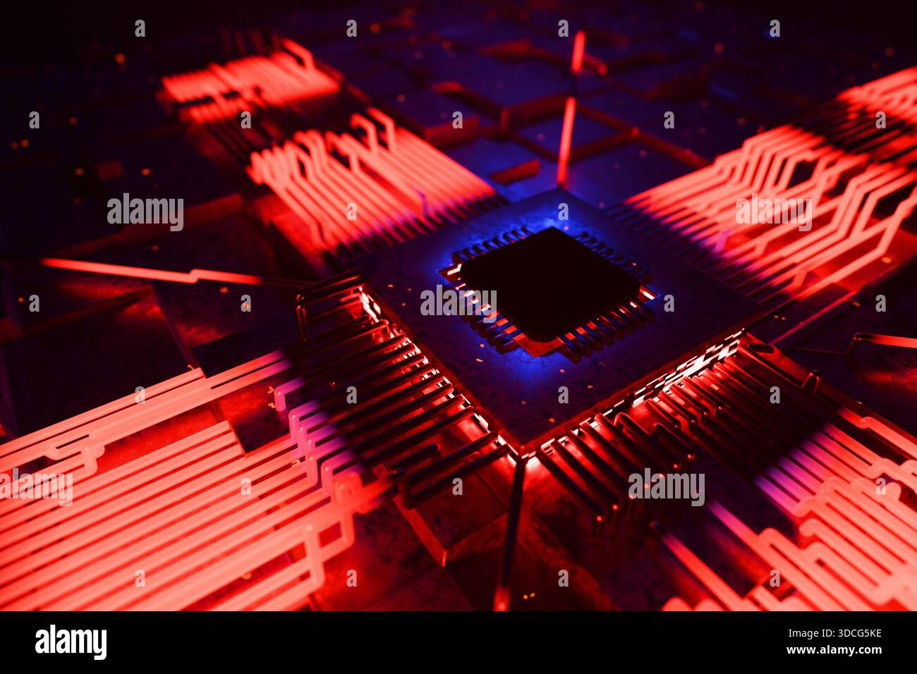 Technological quantum computer AI processor with blue and red light, creative idea. Artificial intelligence, concept. Technology and silicon circuit b Stock Photo