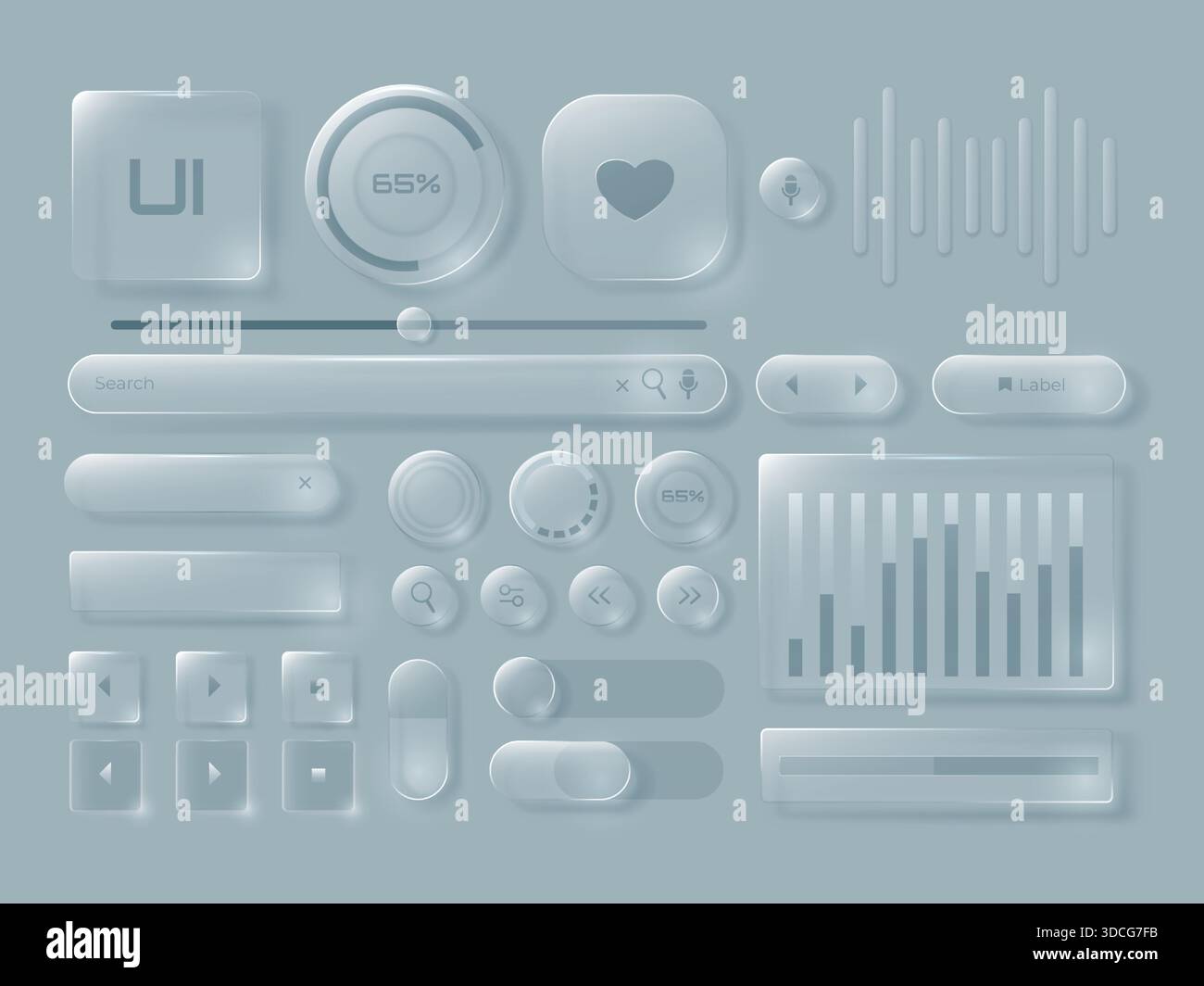 Glass UI interface with transparent panels and toggle controls, buttons ...