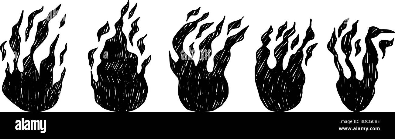 Black fire doodles set. Campfire sketches. Hand-drawn flame icons with ...