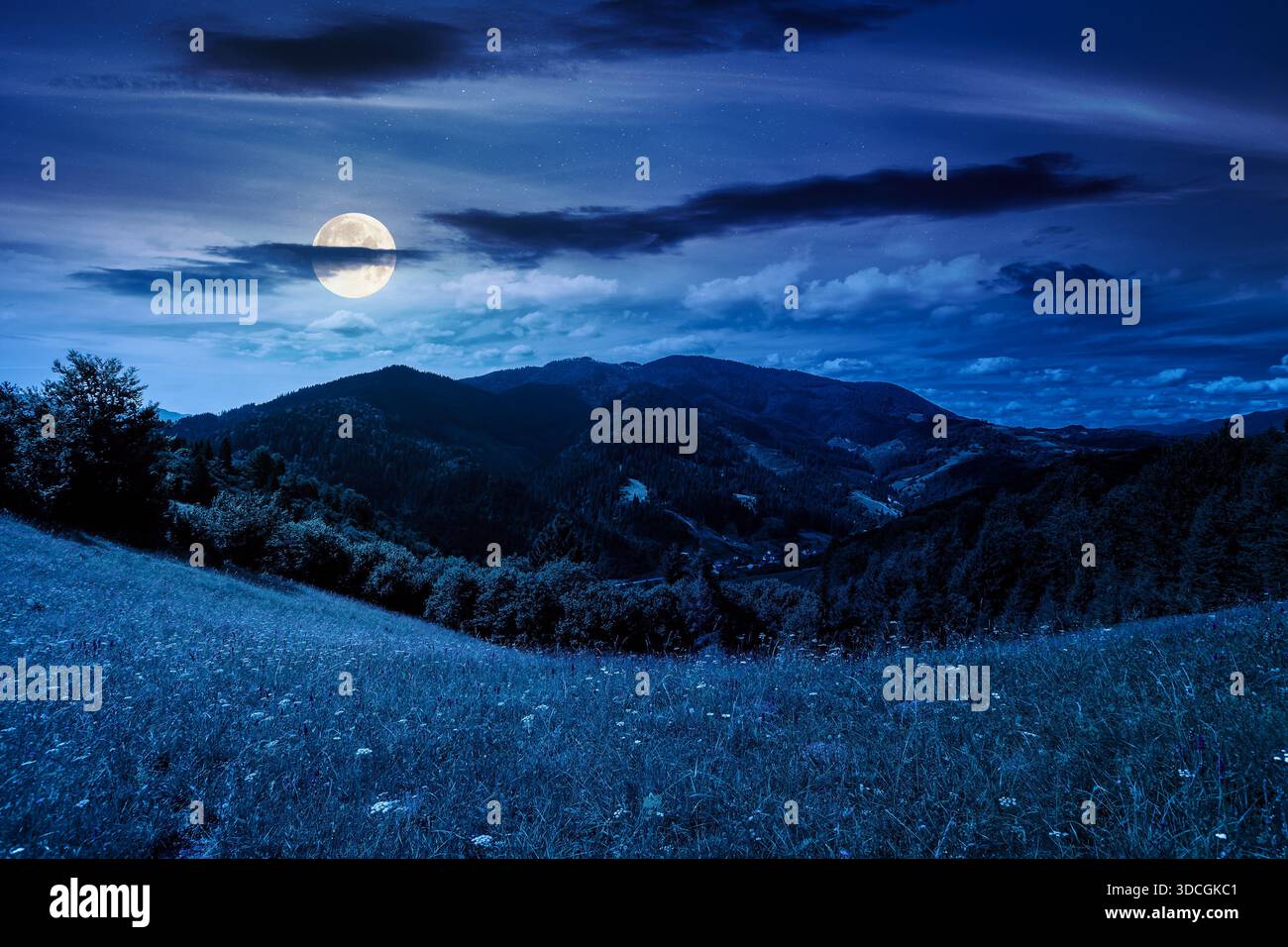 beautiful mountain landscape in summer at night. grassy meadow on rolling hills in full moon light. ridge in the distance. weather clouds on sky. back Stock Photo