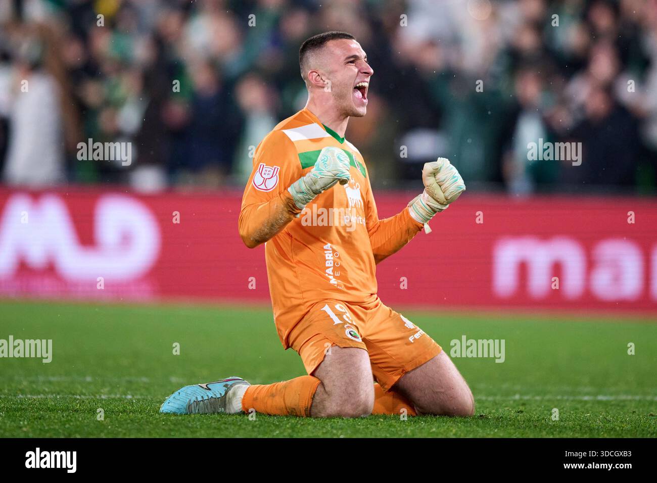 Plamen Andreev of Real Racing Club celebrate the victory during the Copa del Rey match between Real Racing Club and Villarreal CF at Campos de Sport E Stock Photo