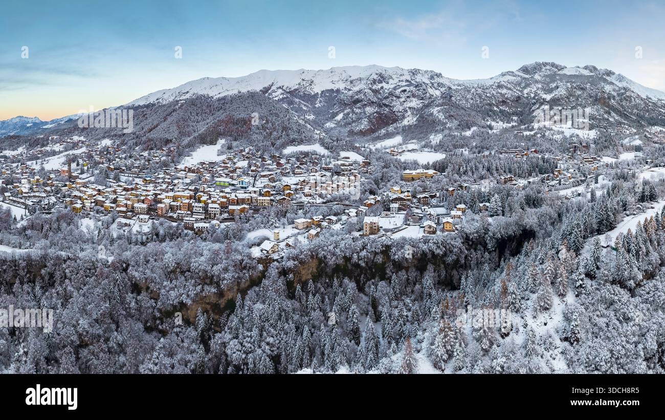 Aerial view of Castione della Presolana after a snowfall in winter. Val Seriana, Bergamo district, Lombardy, Italy. Stock Photo