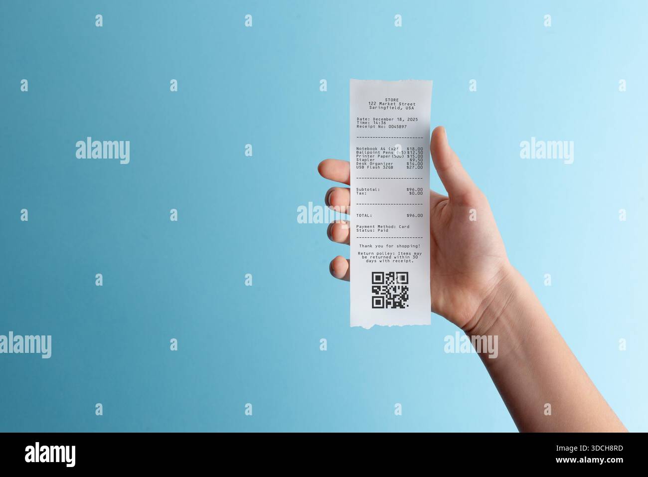 Paperless Code Hand holding paper receipt with qr code on blue background ...