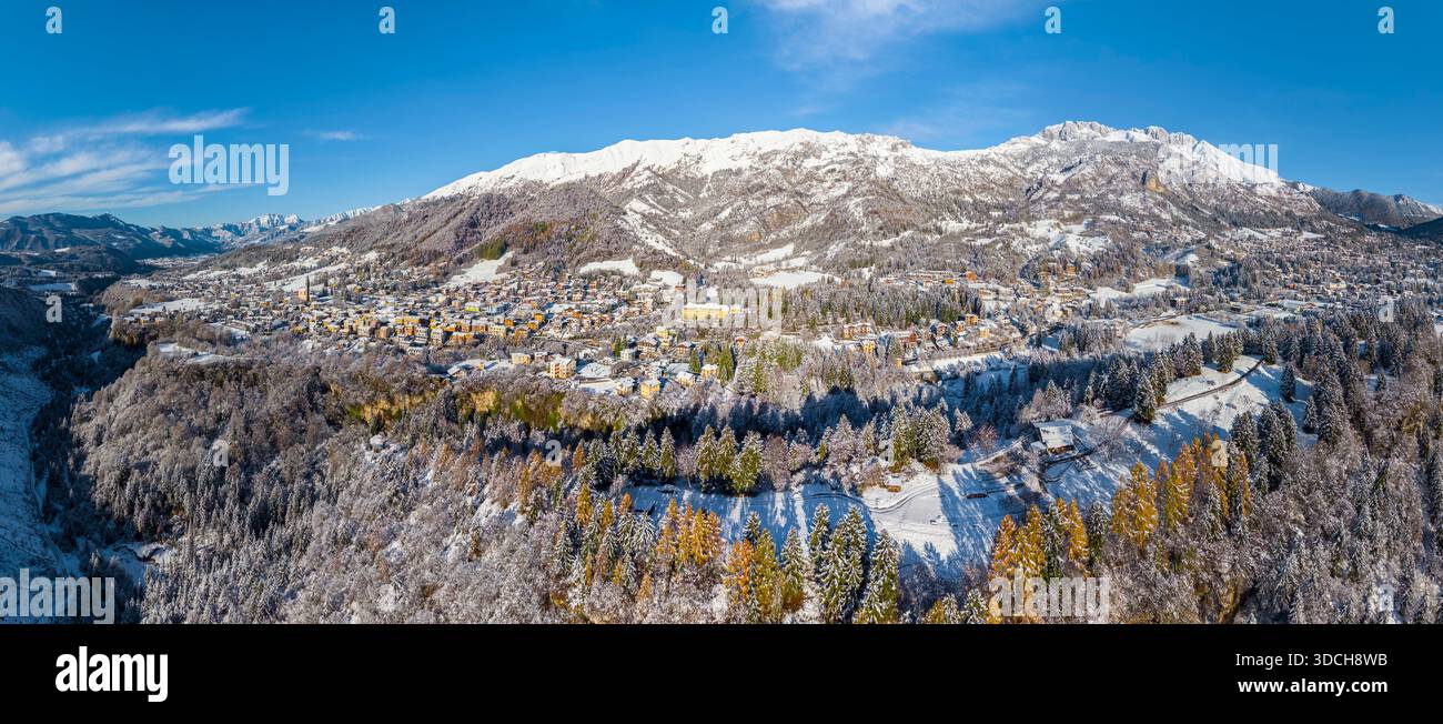 Aerial view of Castione della Presolana after a snowfall in winter. Val Seriana, Bergamo district, Lombardy, Italy. Stock Photo