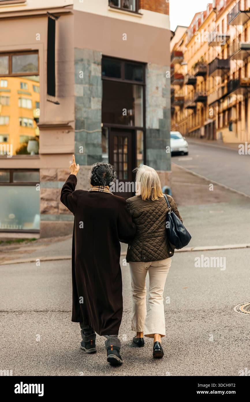 View While Other Rear view of elderly female friends talking with each other while ...