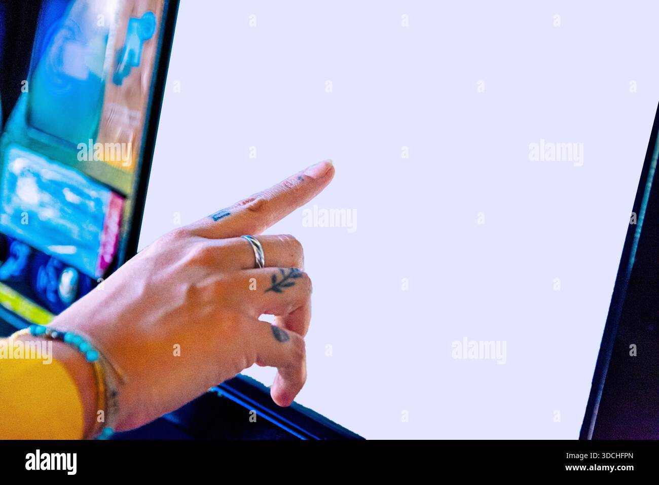 Person interacting with blank digital touch screen Stock Photo