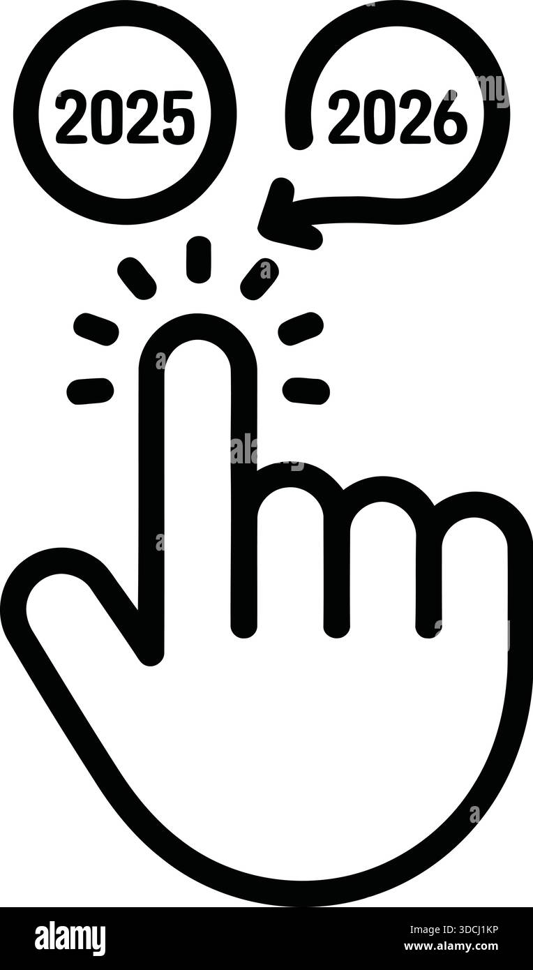 A hand icon pointing from the year 2025 to 2026 representing progress ...