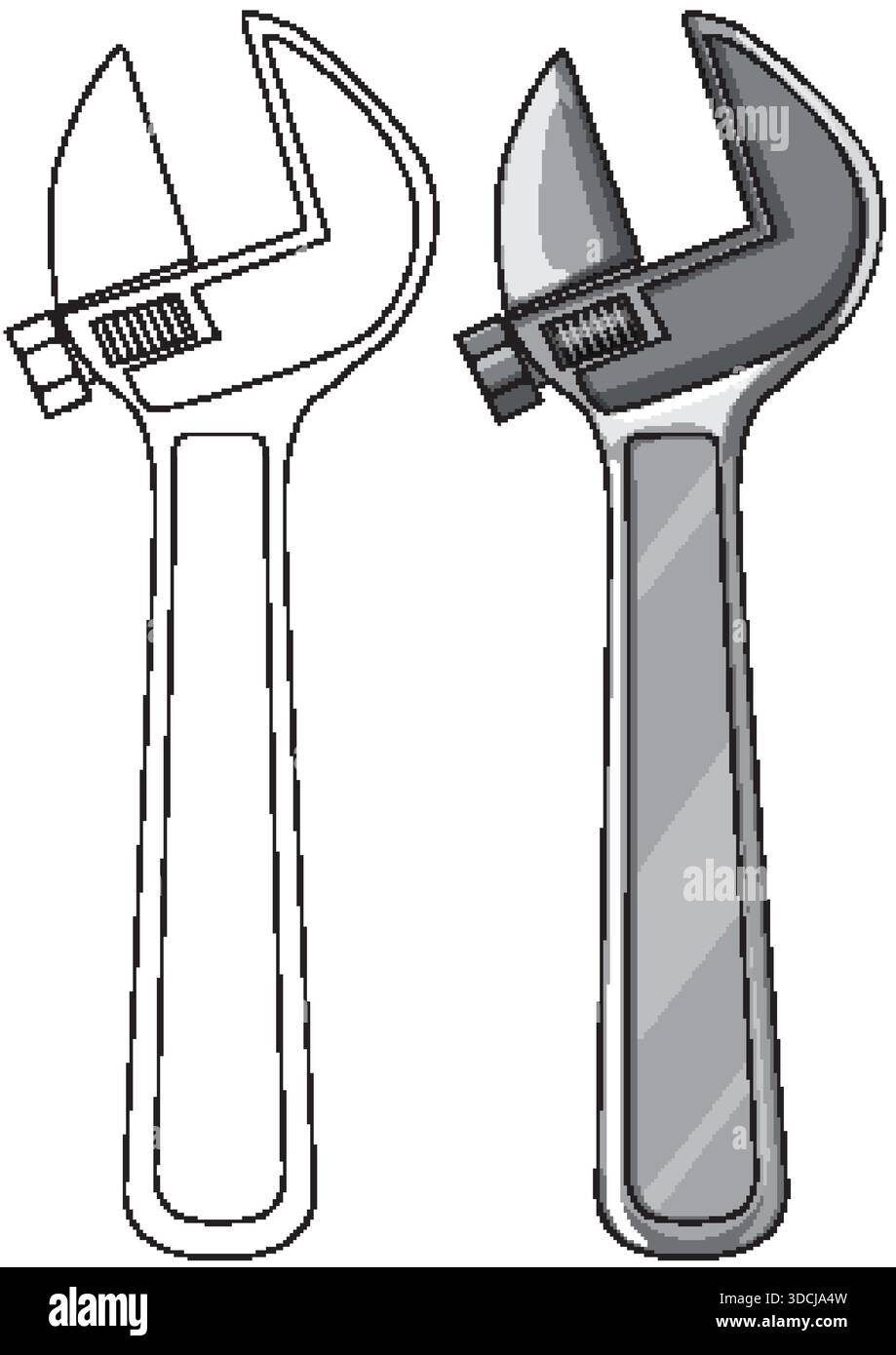 Two adjustable wrenches, one outlined and one colored, isolated on white, clean vector style Stock Vector