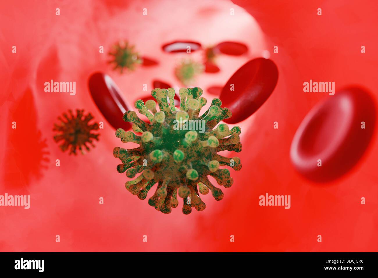 3D illustration of virus particles among red blood cells inside a blood ...