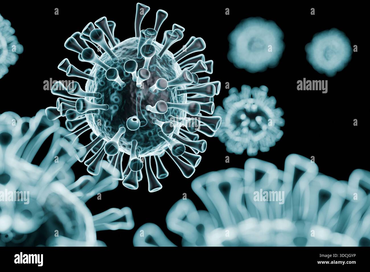 Covid virus, concept. Microscopic 3D view of a virus cell with detailed structure, symbolizing infection, pandemic, medical research, microbiology, he Stock Photo
