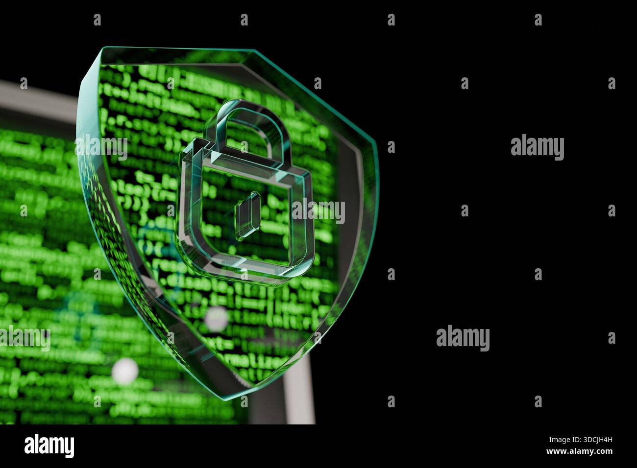 Digital shield with padlock icon over green computer code, representing cybersecurity, data protection, encryption, and secure information technology Stock Photo
