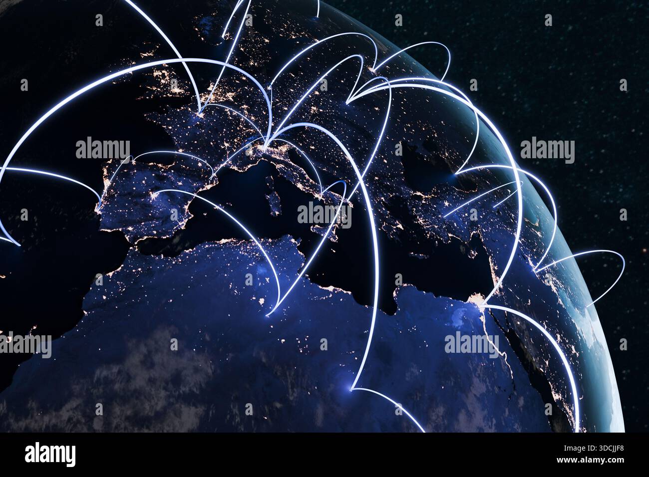 Global communication network visualized on Earth at night, with glowing connection lines across continents, symbolizing internet, technology, and worl Stock Photo