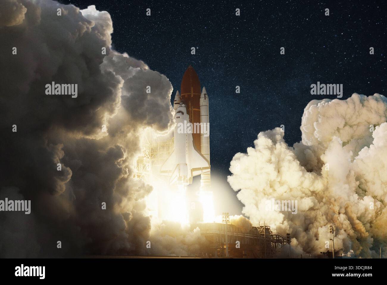 Space shuttle launching at night with smoke and fire clouds around ...