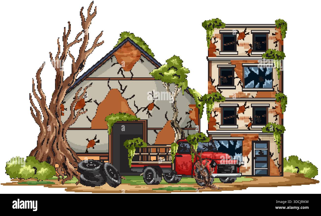 Cartoon vector of cracked abandoned buildings, rusty truck, and ...