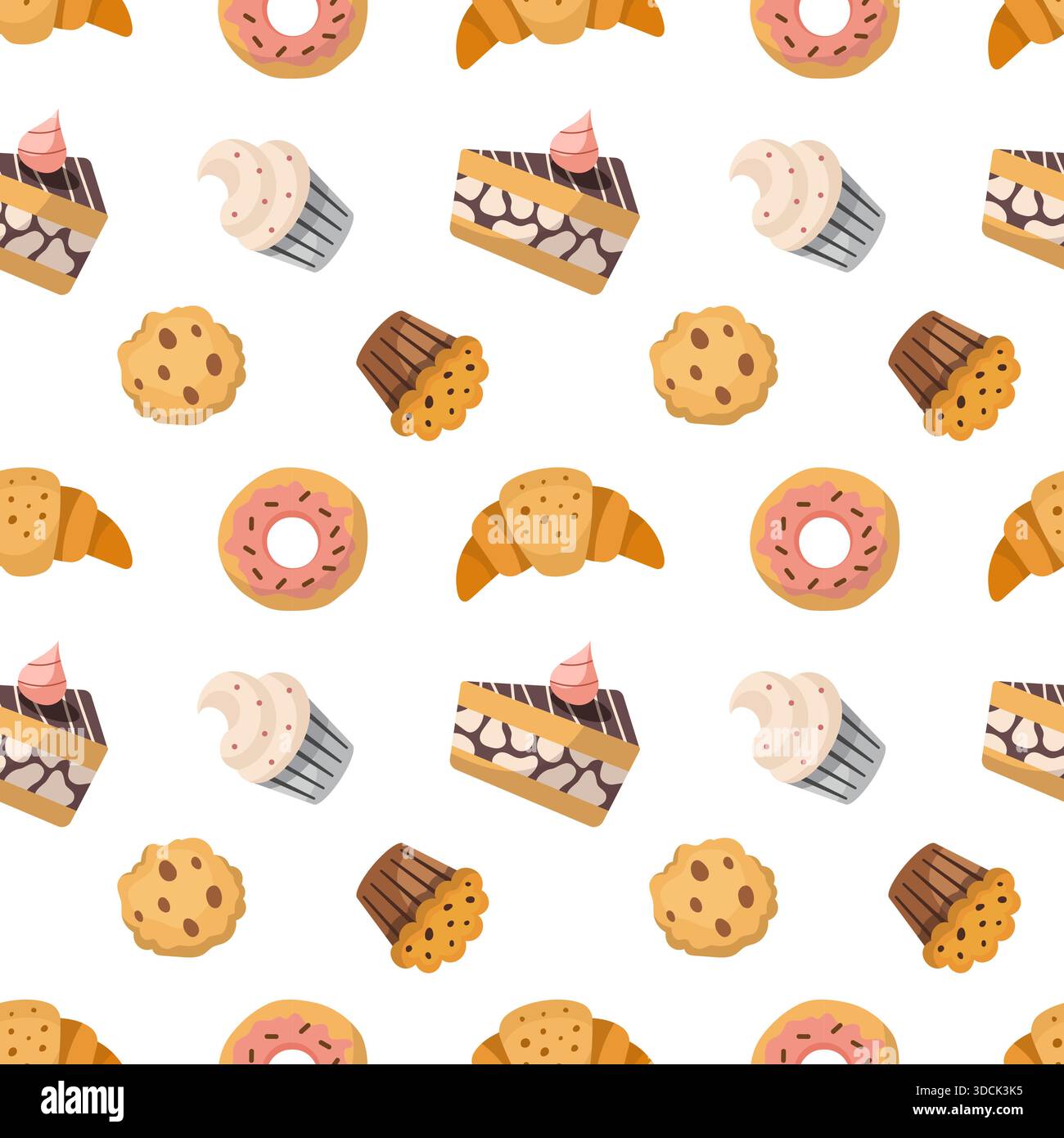Cartoon Cakes, pastries seamless pattern. Vector collection. Bakery elements texture. Sweet confection desserts with cake donut croissant cookie, cupcake muffin Bakery. Stock Vector