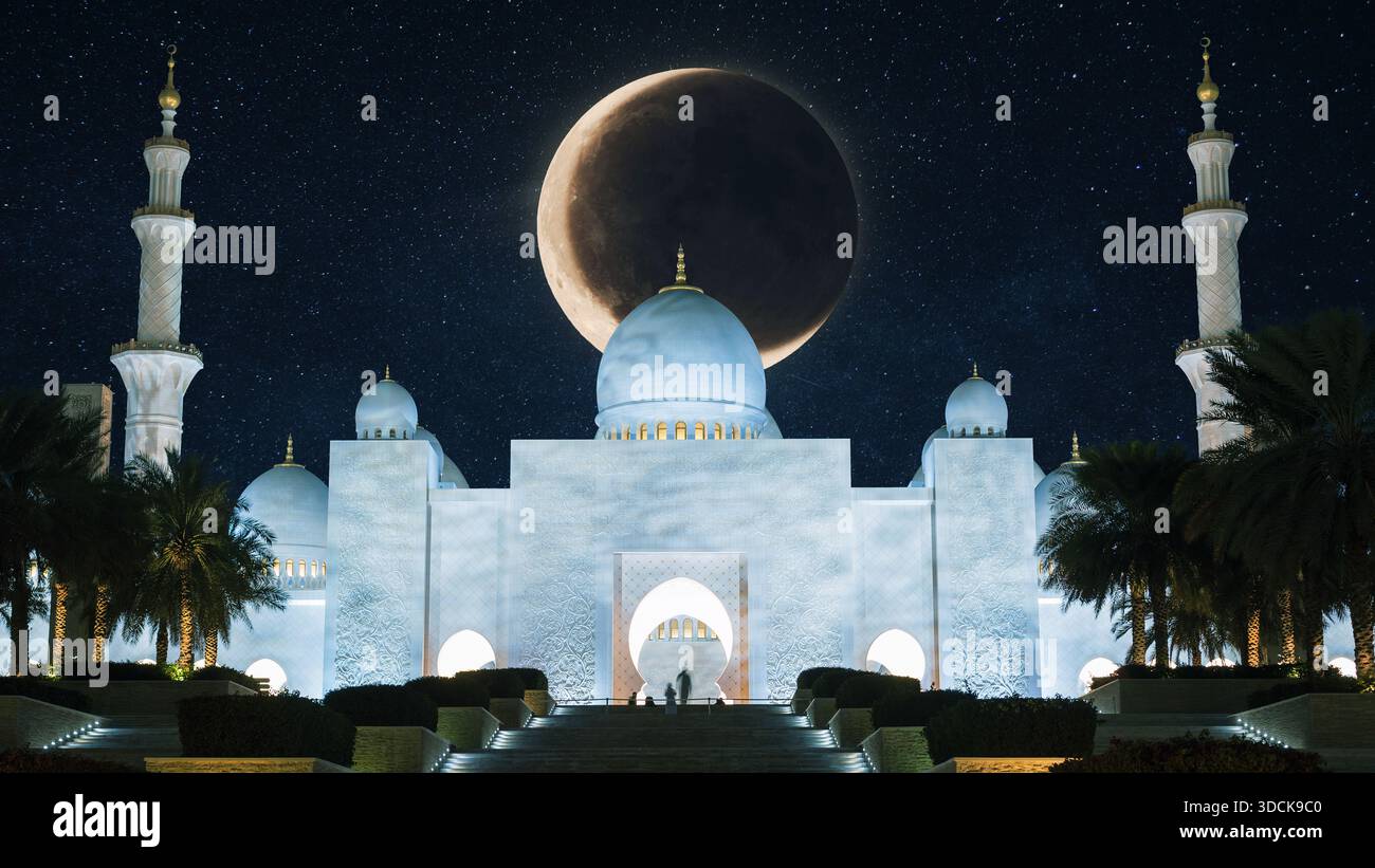 Happy Ramadan Kareem Background Design With Silhouette Mosque and ...