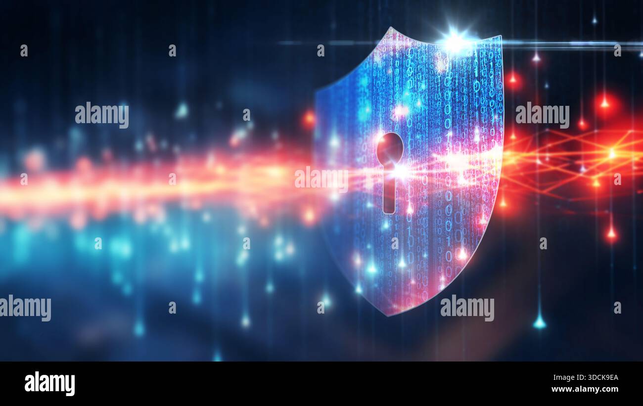 Cyber security and data protection on internet. Shield, secure access and encrypted connection protecting online information. Password protected syste Stock Photo