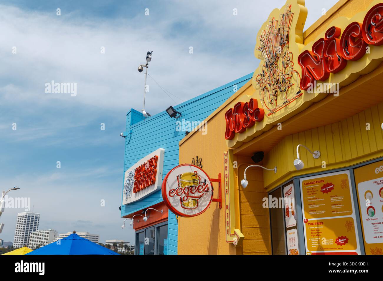 Mr. Nice Fry and eegee’s Snackville storefront on Santa Monica Pier, Santa Monica, California, USA Stock Photo