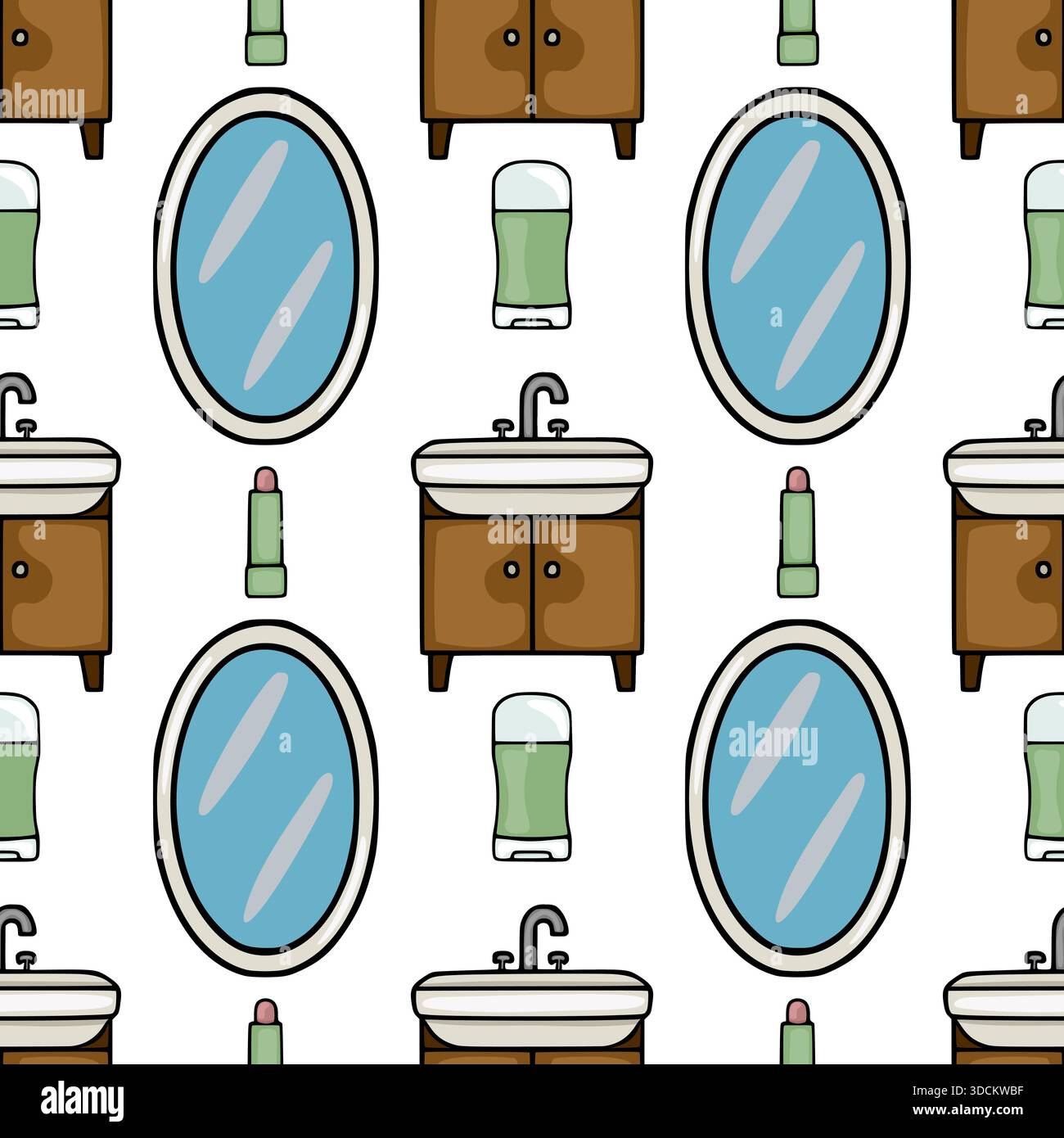 Seamless vector pattern featuring hand-drawn bathroom vanity cabinets, oval mirrors, and cosmetic items like lipstick and deodorant, creating a clean Stock Vector