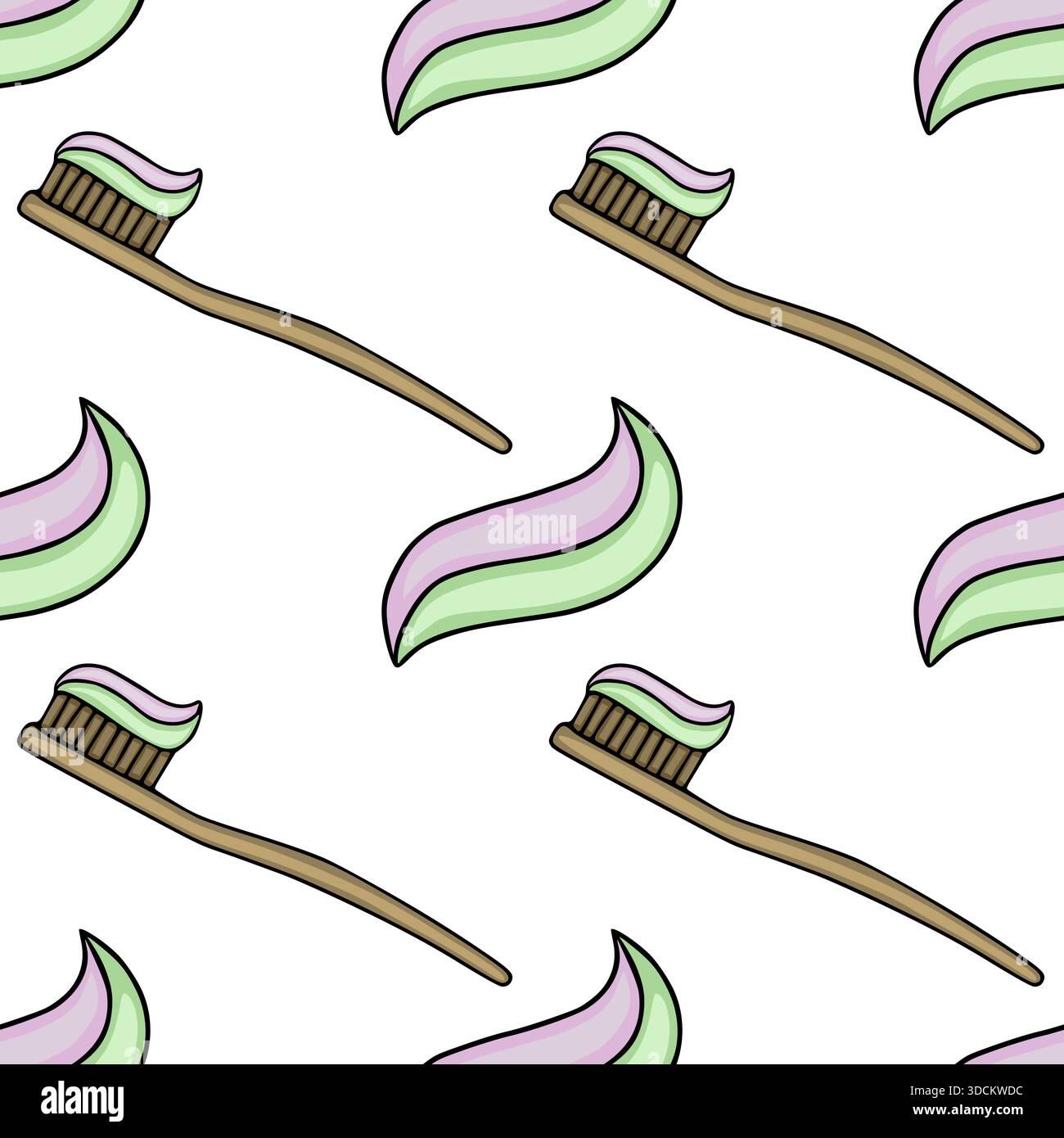 Seamless vector pattern of stylized toothbrushes with pastel toothpaste swirls. Stock Vector