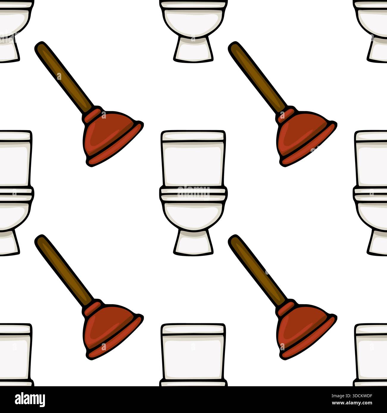 Seamless vector pattern featuring cartoon-style toilets and plungers with brown handles on a white background. Stock Vector