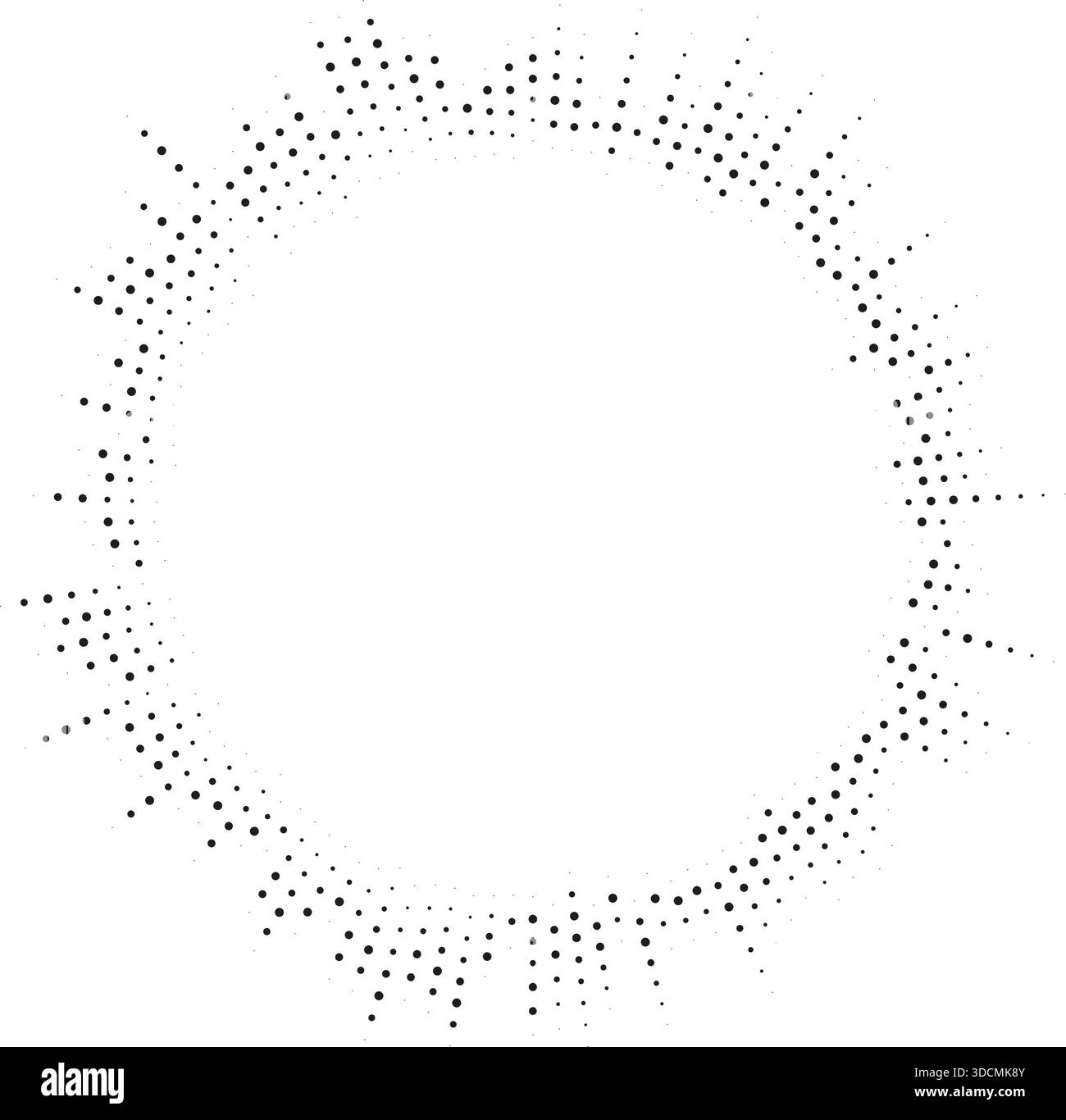 Circular texture with irregular dotted rays, large empty center space, and dotted rays extending from inside and outside. Stock Vector
