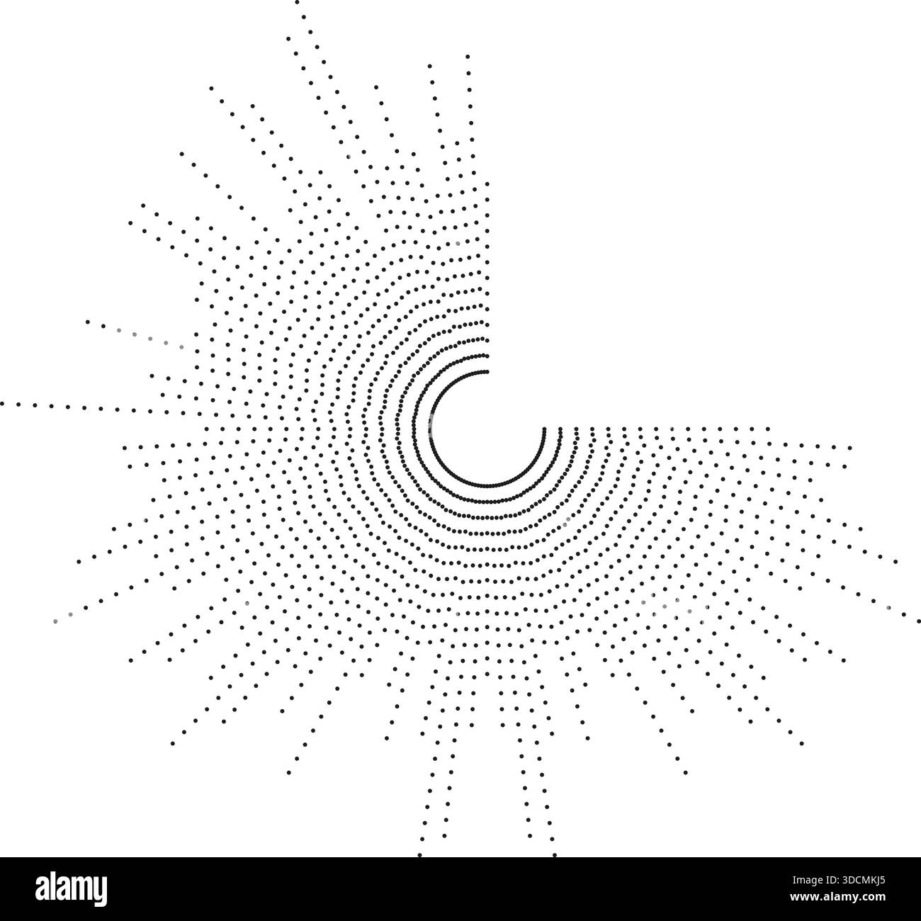 Circular texture of very long irregular dotted rays radiating outward, missing one quarter of the rays. Stock Vector