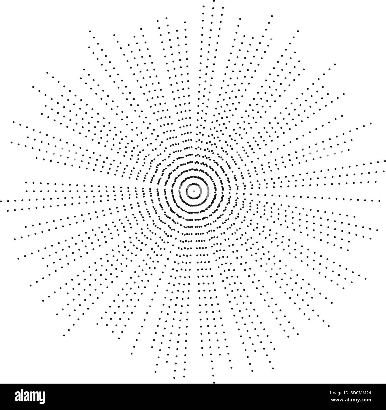 Circular composition featuring long, irregular dotted rays extending from an empty central space, with a grunge texture. Stock Vector