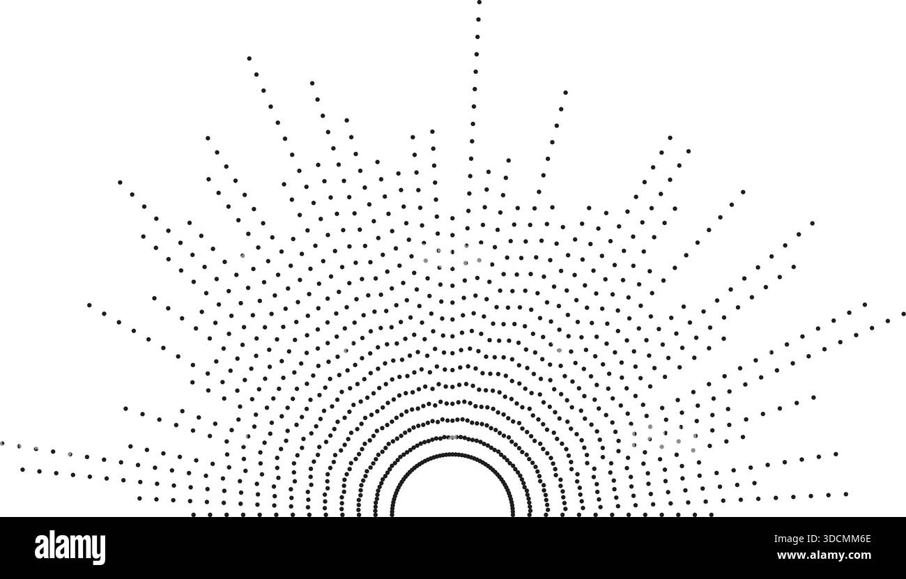 Irregular dotted rays form a large semi-circle with an empty circular center. Stock Vector
