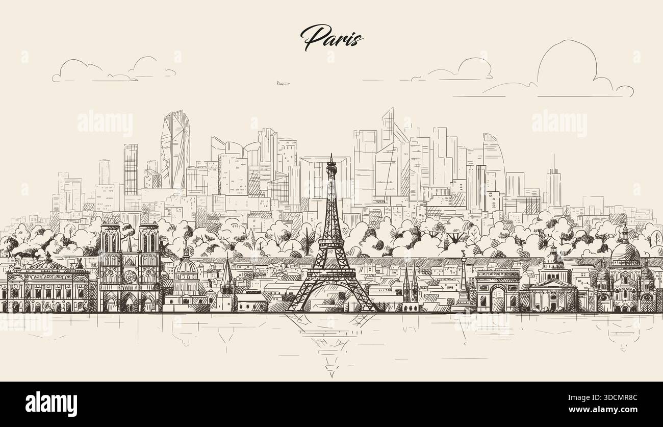 Paris skyline. Artistic sketchy hand drawn vector illustration on a soft brown background Stock Vector