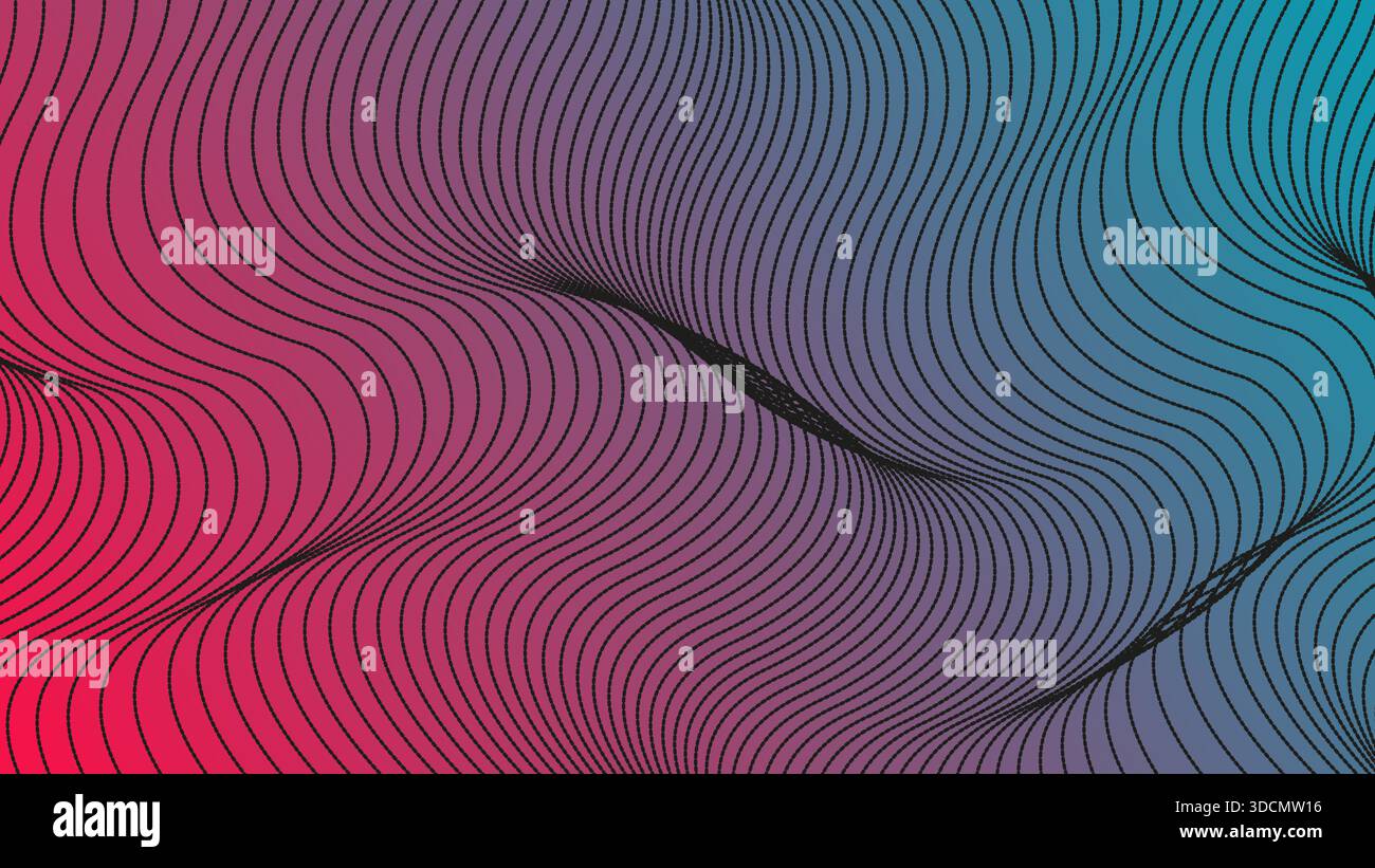 Modern abstract background featuring wavy black lines on a vibrant pink and teal blue gradient for creative technology covers, digital music posters, Stock Vector