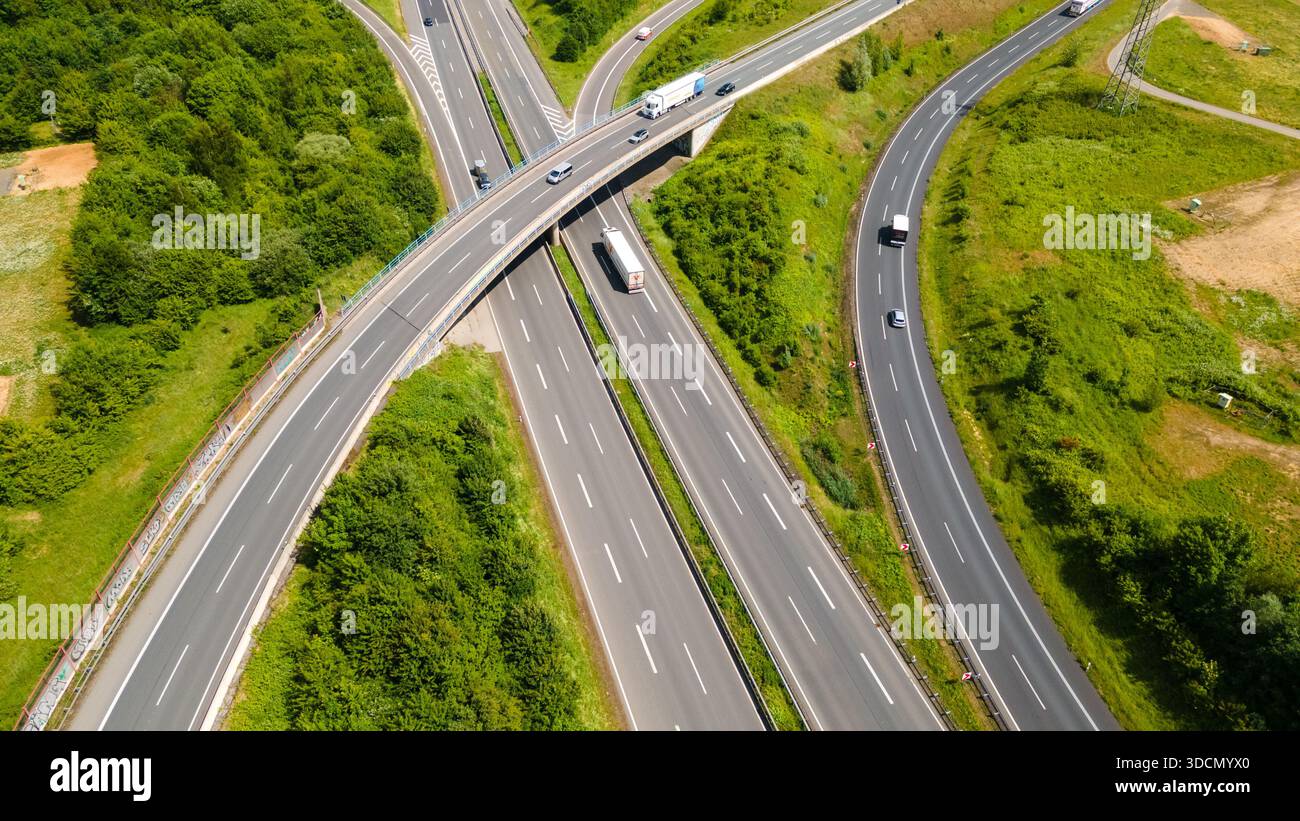 Aerial drone view of a complex highway cloverleaf interchange ...