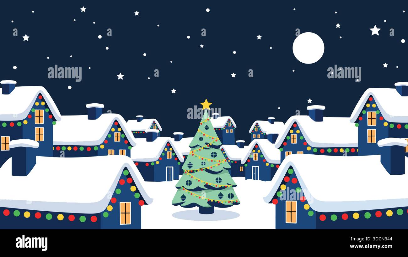 Christmas Winter Village with Snowy Houses and Decorated Tree at Night ...