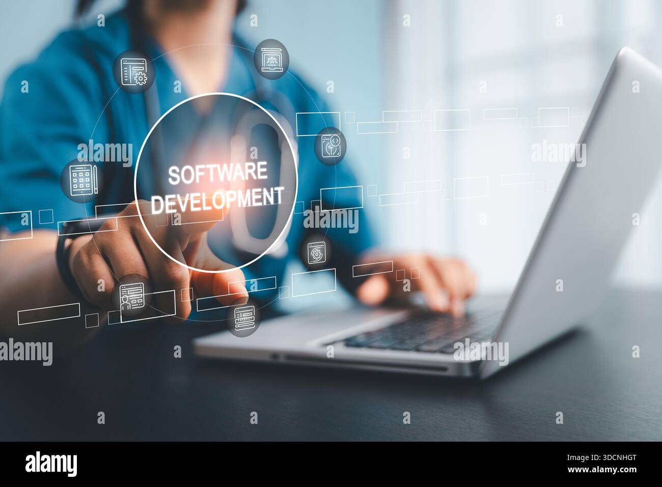 Developer touching software development interface working on laptop, representing  application creation coding Stock Photo