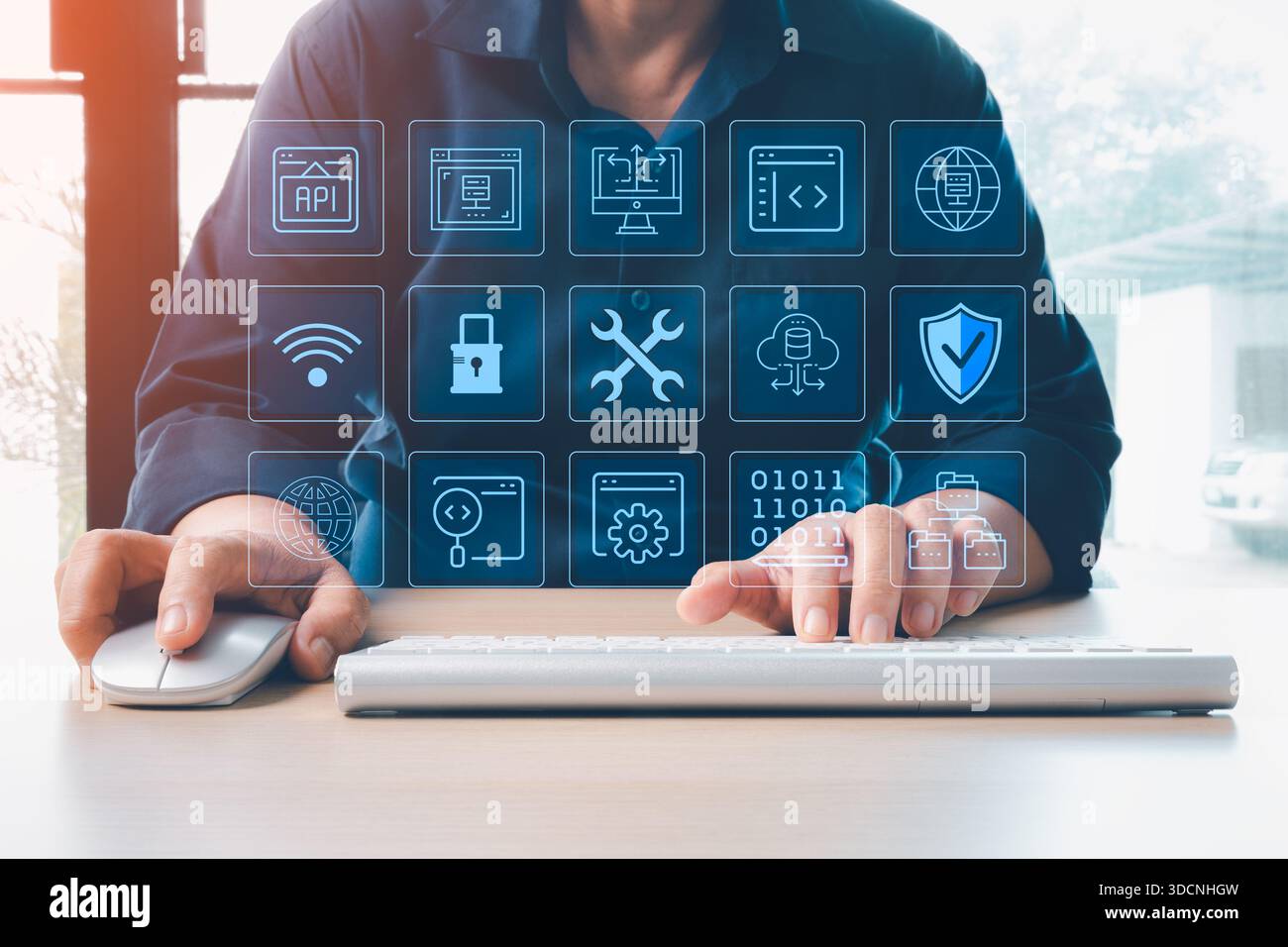 Developer working computer digital API system icon interface representing software development system integration cybersecurity cloud services program Stock Photo