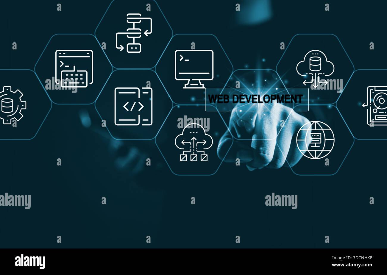 Hand touching web development interface with coding, cloud and data icons, representing software engineering, digital transformation, online systems Stock Photo