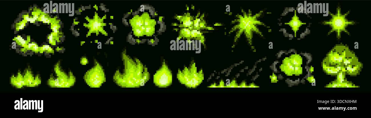 Pixel art explosion in glowing green toxic flames and bright energy ...