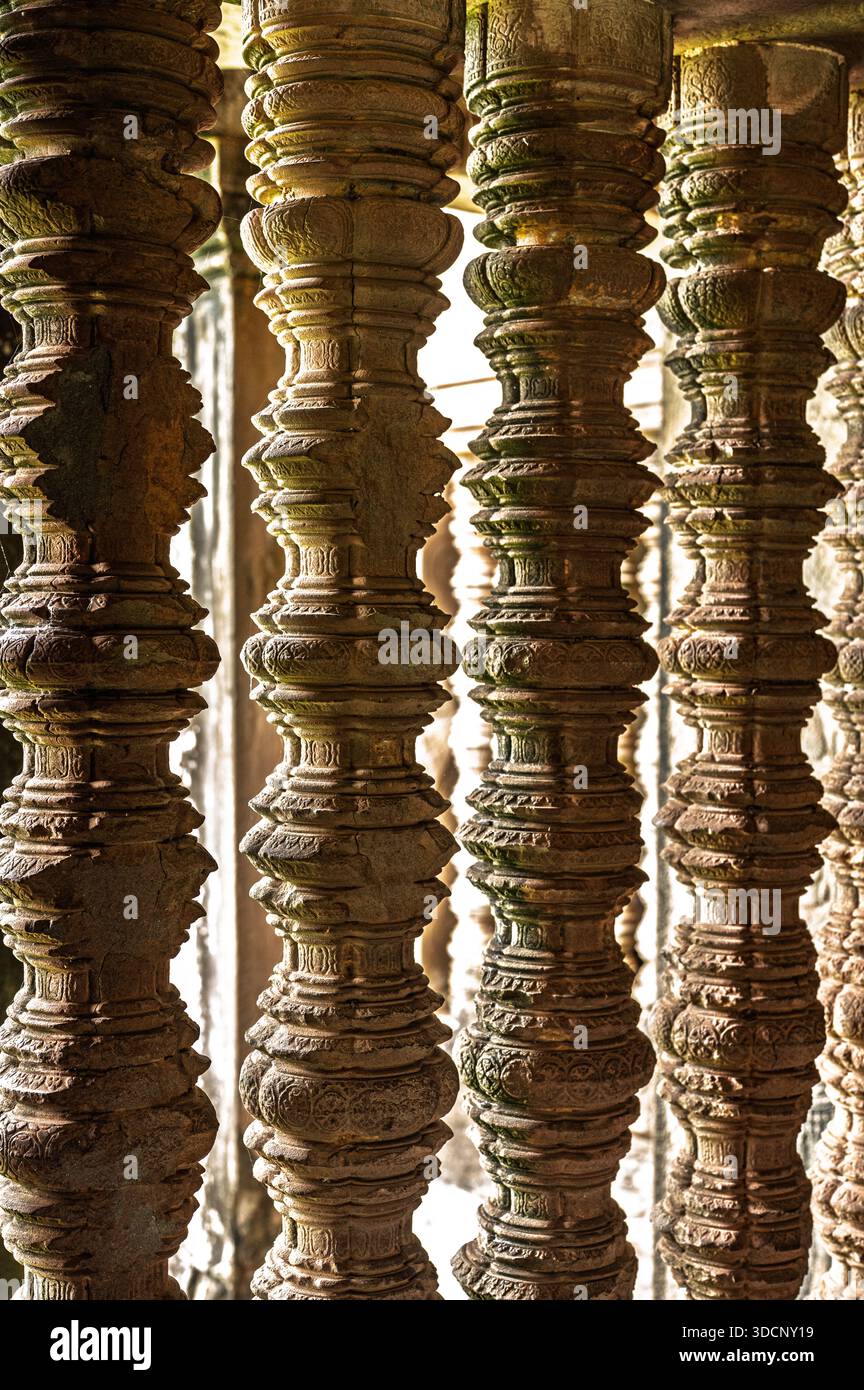 Ancient stone window pillars balusters close up temple architecture ...