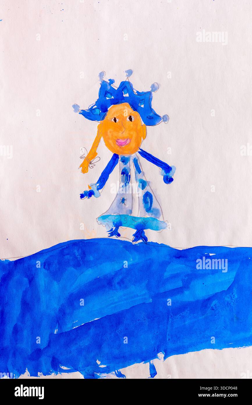 Winter girl with crown made by child using watercolor Stock Photo