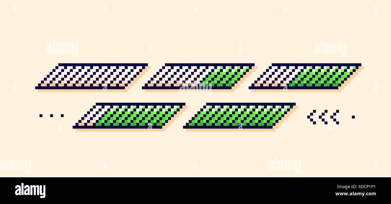 Pixel art game scale. Green loading bars. Stock Vector