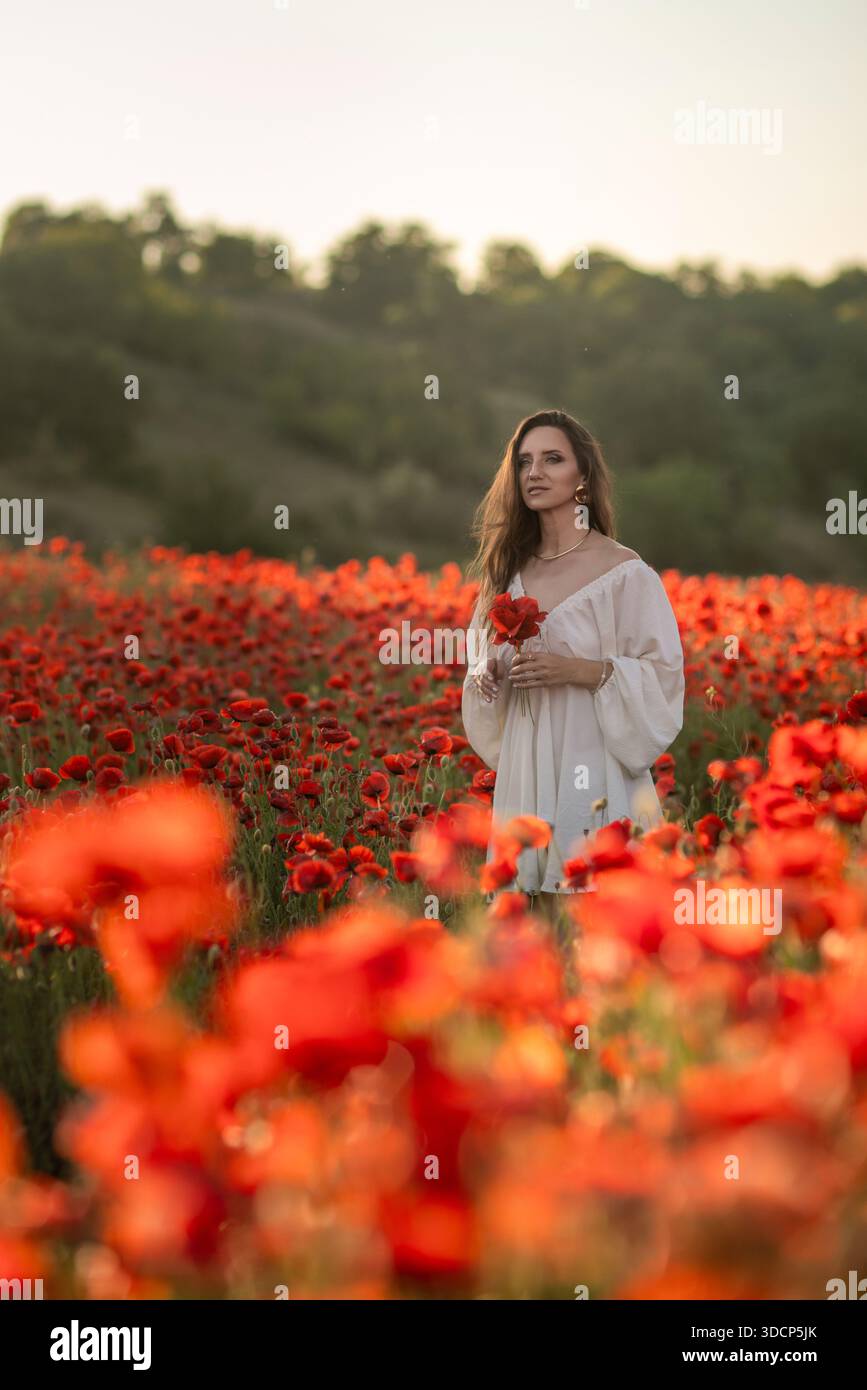 Woman in white dress standing in red poppy field Stock Photo - Alamy