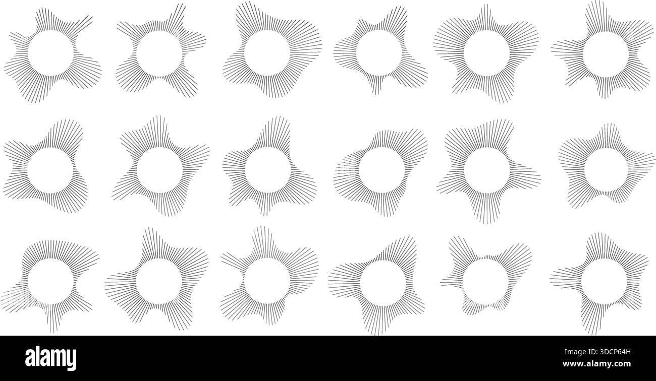 Circular sound visualization with radial wave line pattern vector set. Abstract audio spectrum ring geometric burst shape. Stock Vector