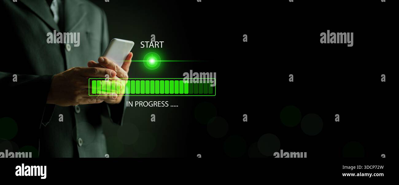 Green start button and digital progress bar loading on a smartphone. Workflow execution, process tracking technology, system startup, project stages, Stock Photo