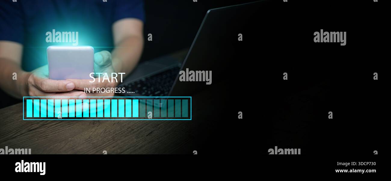 A man with a smartphone and a laptop starts the process with a digital progress bar loading, Workflow execution, step tracking, system loading, projec Stock Photo