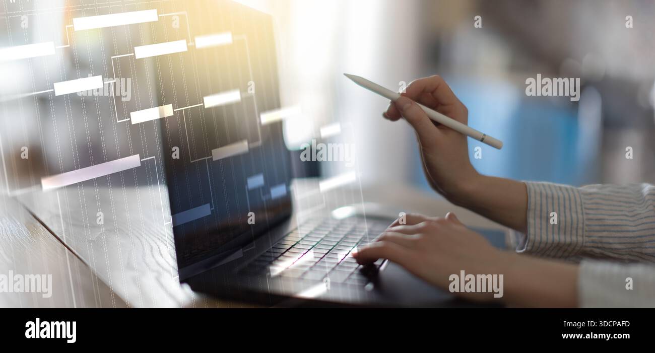Project Management and Workflow Scheduling Illustrated on a Digital Gantt Chart Interface. Stock Photo