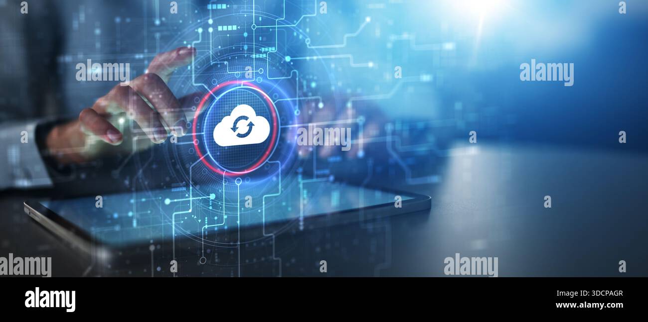 Cloud Computing and Data Synchronization Technology Illustrated on Futuristic Digital Interface. Stock Photo