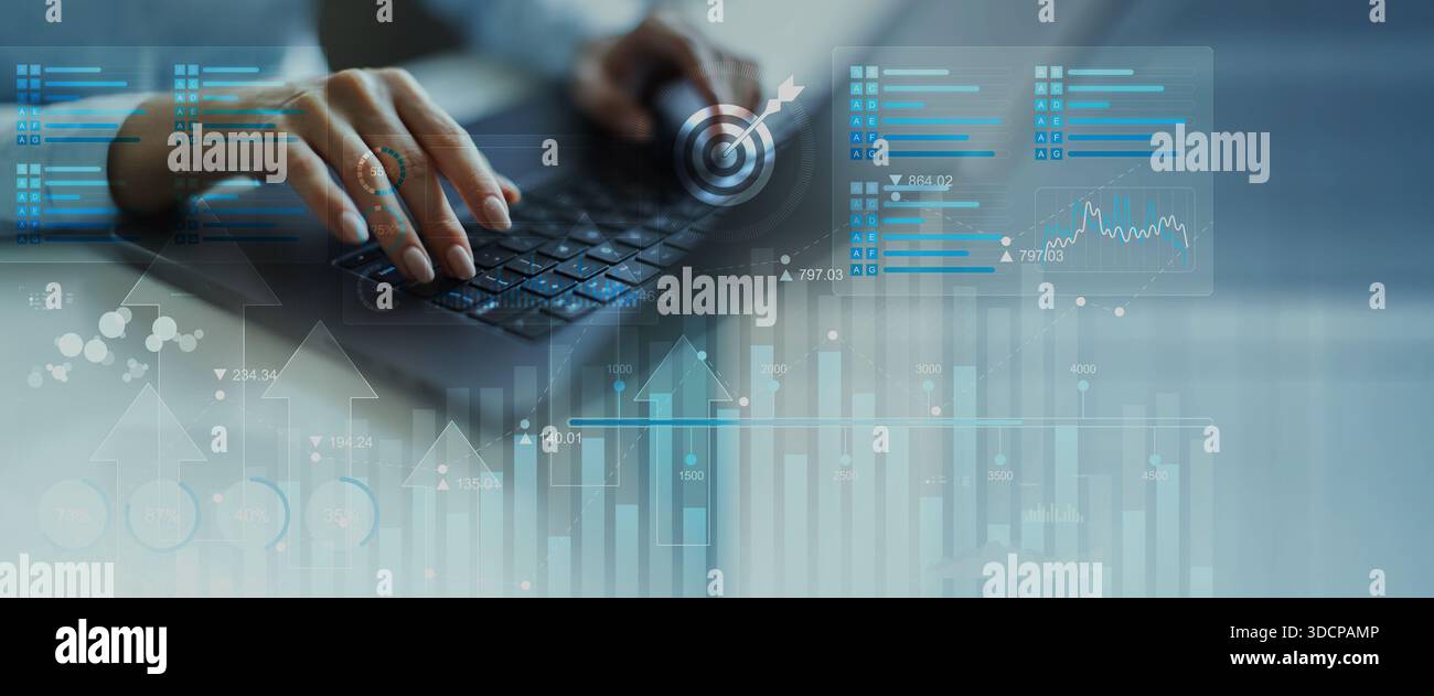 Business Data Analytics and KPI Performance Tracking Dashboard on Digital Tablet Interface. Stock Photo