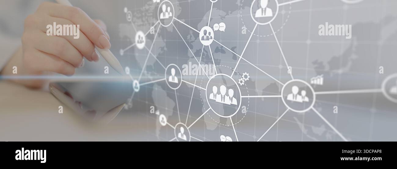 Global Business Networking and Communication Visualized on a Futuristic Digital Interface. Stock Photo