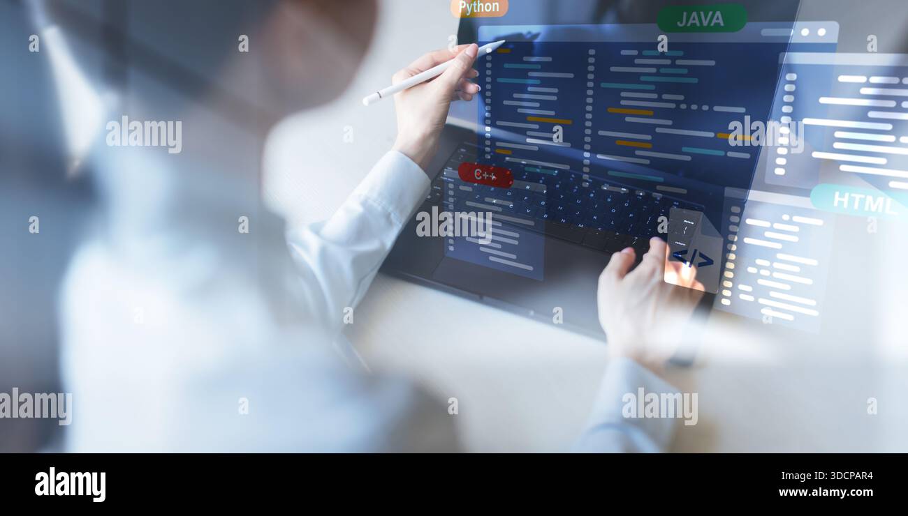 Software Development and Programming Languages Displayed on a Virtual Coding Interface. Stock Photo